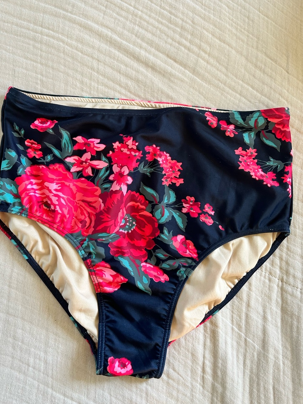 Albion fit Floral High-Waist Bikini Bottoms - dark blue with Pink Roses medium